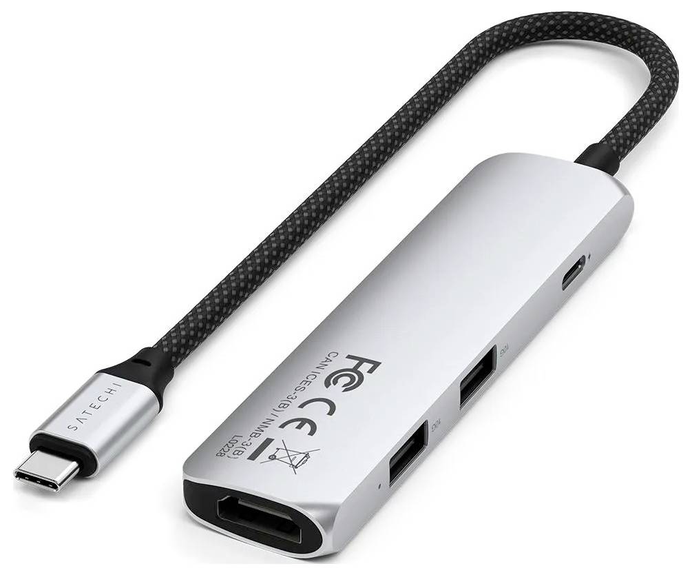 USB-C hub z kovu se třemi USB porty a jedním HDMI portem. Zařízení má kabel s USB-C konektorem.