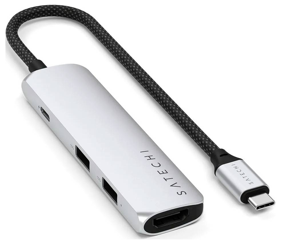 USB-C rozbočovač s více porty, včetně HDMI a USB-A. Připojuje se krátkým kabelem s konektorem USB-C.