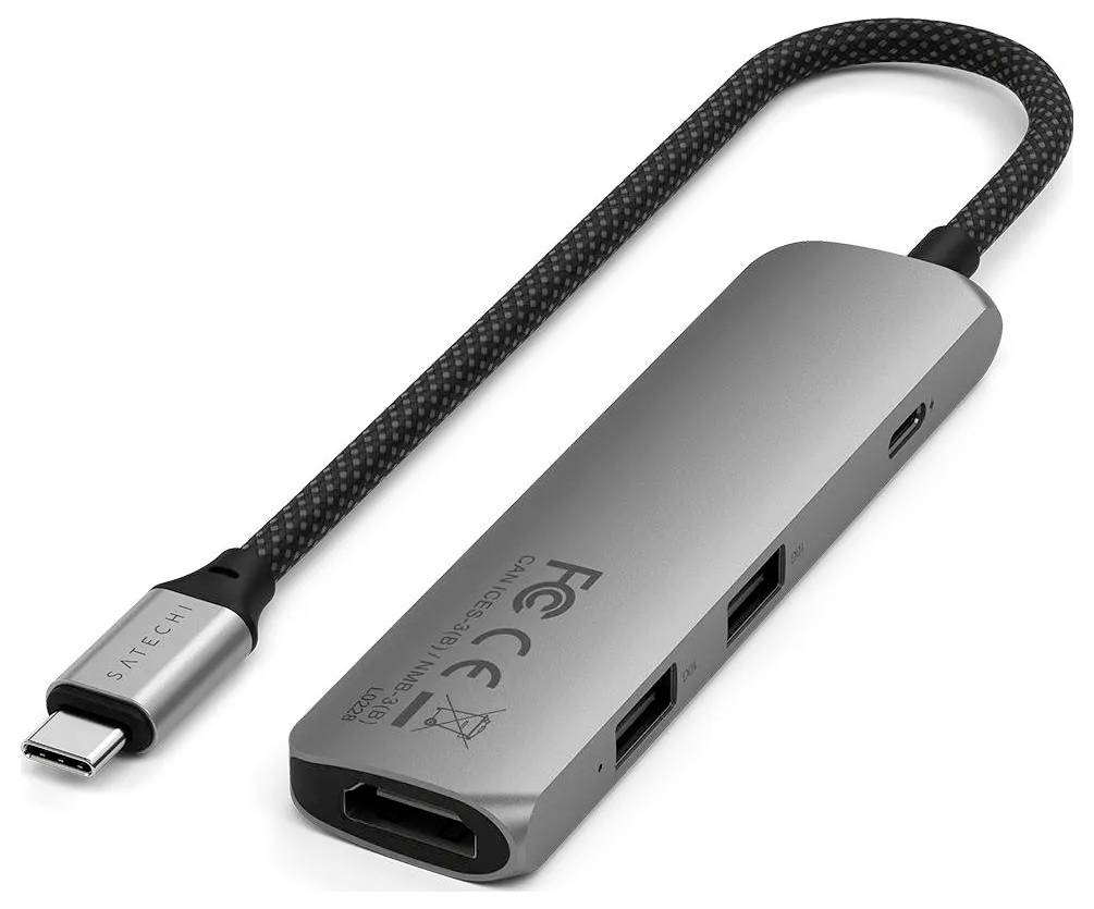 USB-C hub s připojovacím kabelem. Vybaven HDMI a několika USB porty, vhodný pro připojení zařízení s USB-C vstupy.