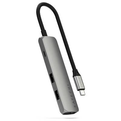 Šedočerný USB-C rozbočovač s několika porty, včetně USB-A, HDMI a Ethernetu, pro rozšířené možnosti připojení.