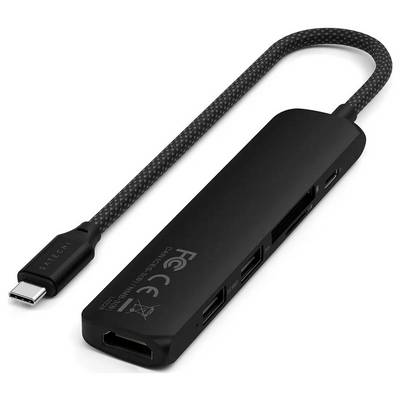 Černý USB-C hub s několika porty: tři USB-A, HDMI a Micro-SD slot, propojený opletaným kabelem.