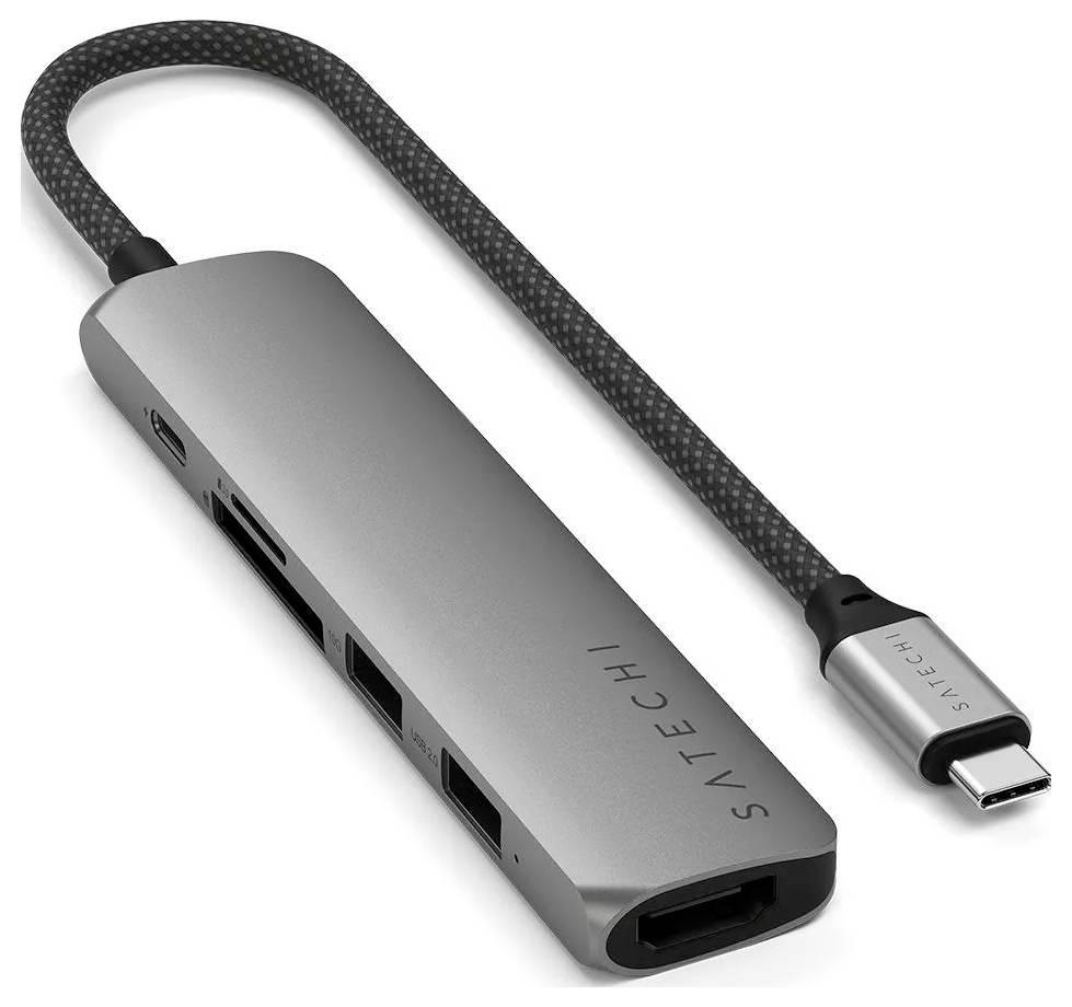 USB-C hub s několika porty, včetně HDMI, USB, čtečky SD karet a dalších, který rozšiřuje připojení zařízení.