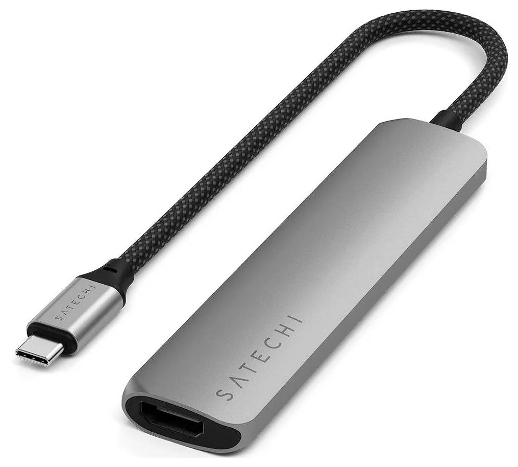 Adaptér USB-C od Satechi s HDMI portem a opletaným kabelem.