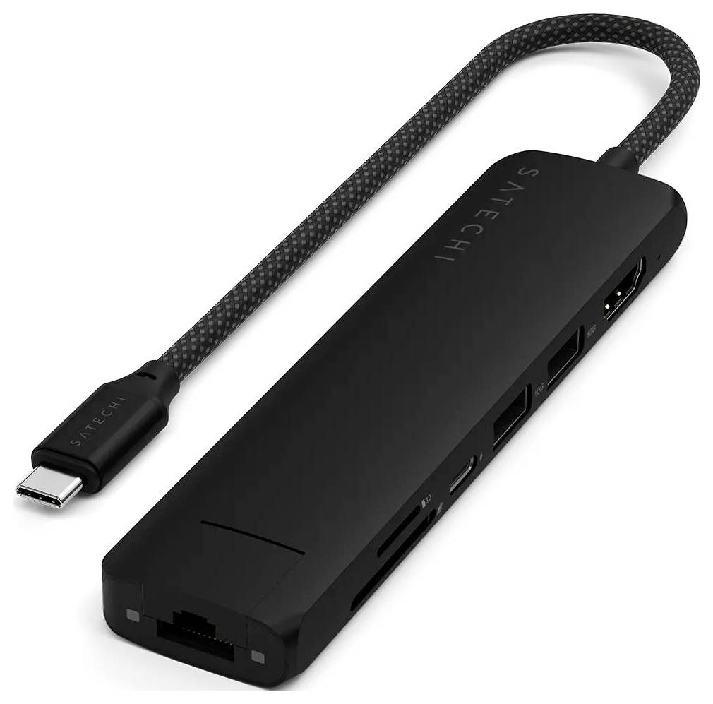 Černý Satechi USB-C hub s více porty, včetně Ethernetu, USB-A a HDMI. Kompaktní design s flexibilním kabelem.