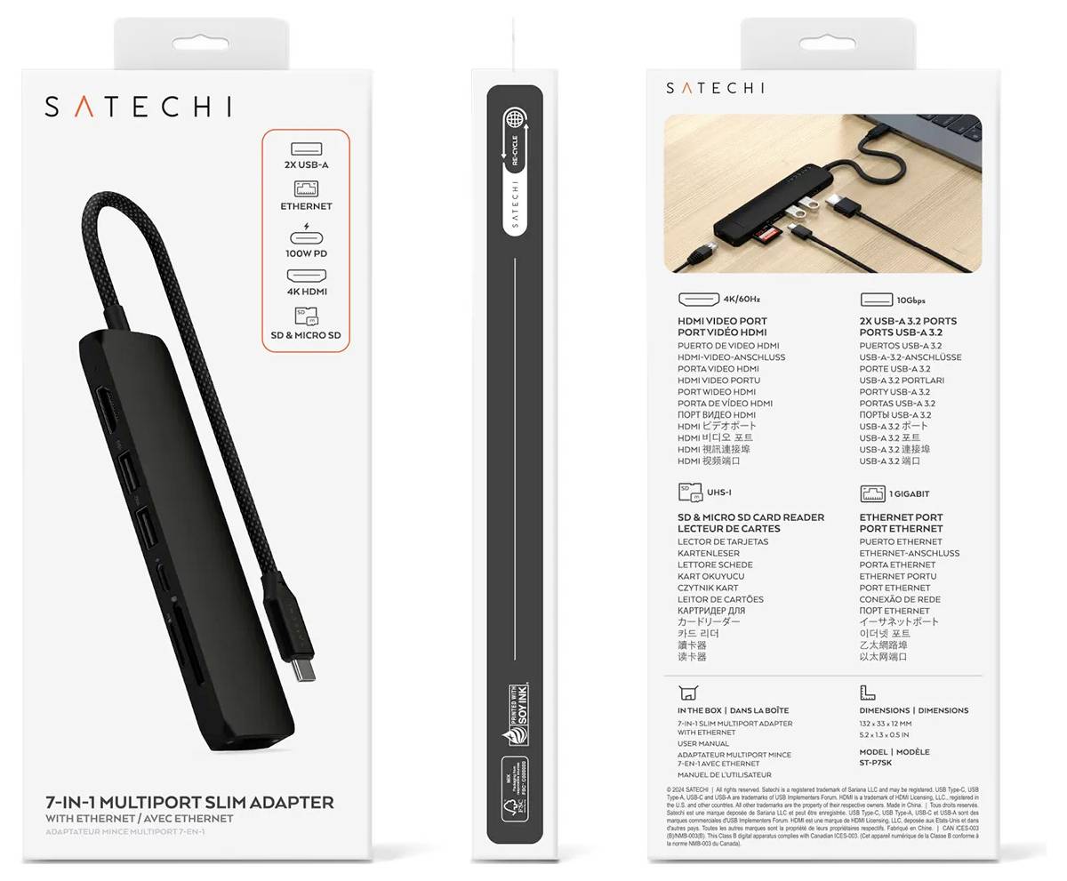Balení adaptéru Satechi 7-v-1 Multiport. Zobrazuje USB-C konektor, ethernetový, HDMI, USB-A a SD karty porty.