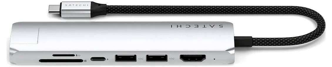 USB-C rozbočovač z hliníku s několika porty: sloty pro SD karty, dva USB porty, HDMI port a jeden ethernetový port. Kabel s nylonovým opletením.
