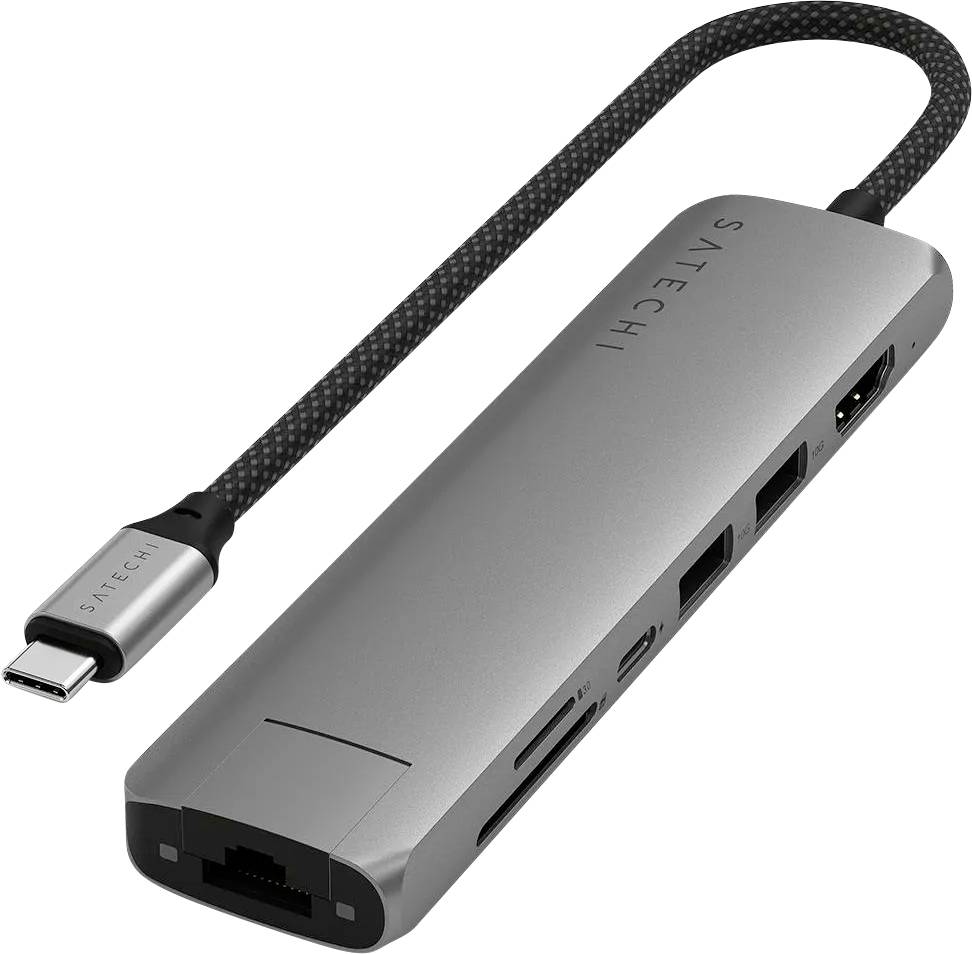 Šedý USB-C rozbočovač značky Satechi s několika porty, včetně ethernetového, HDMI, USB a čtečky karet.