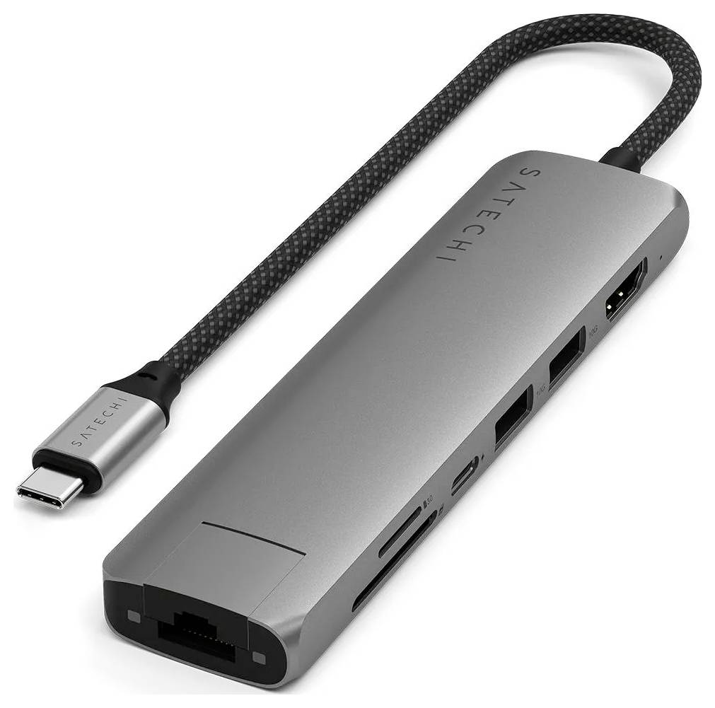 USB-C hub s více porty: HDMI, Ethernet, USB-A, čtečka SD karet. Hliníkový kryt, kabel opletený nylonem.