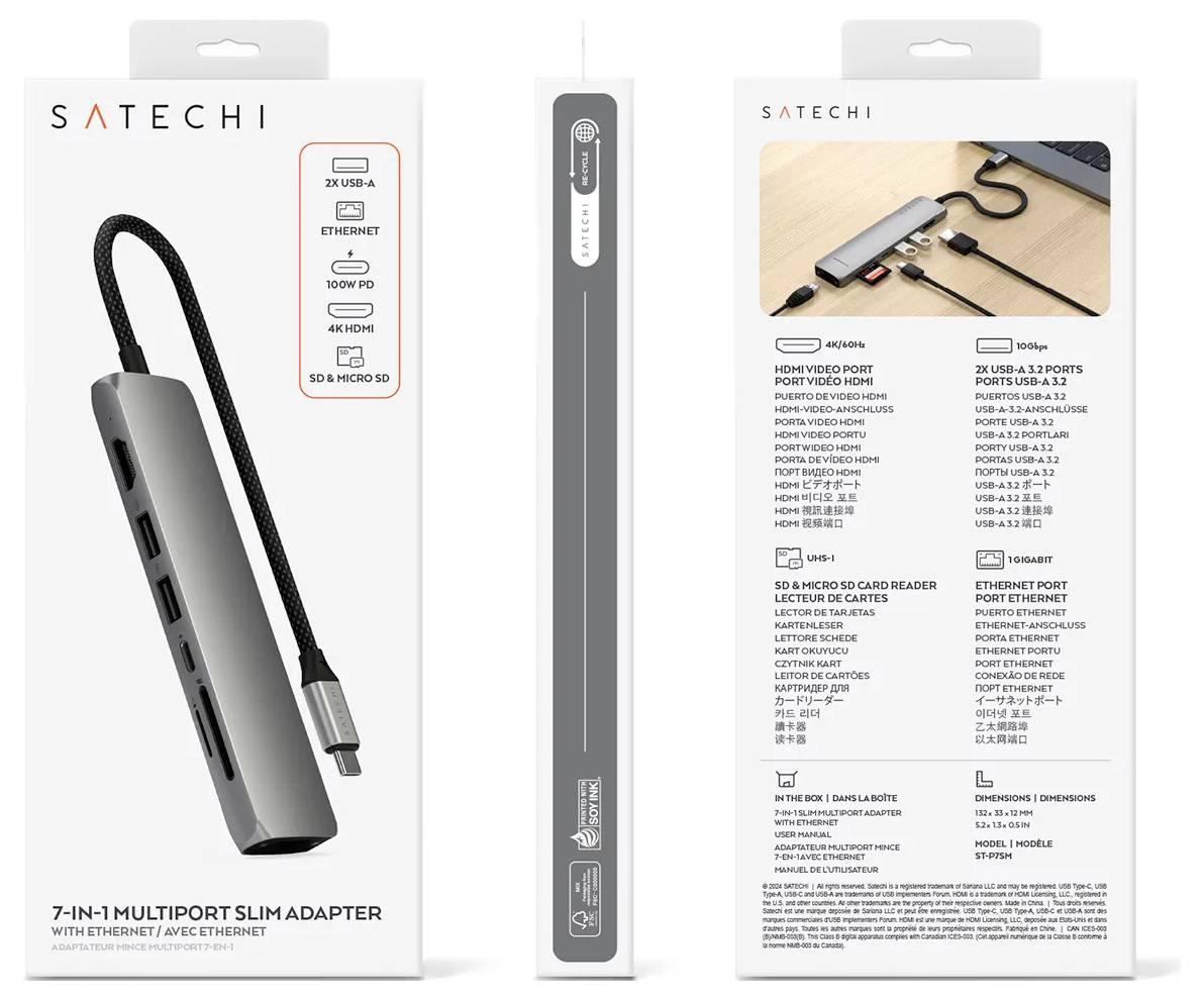 Balení Satechi 7-in-1 Multportového Slim Adaptéru s konektory USB-C, HDMI, Ethernet, USB-A a čtečkou SD karet. Obrázek produktu a technické specifikace na zadní straně.
