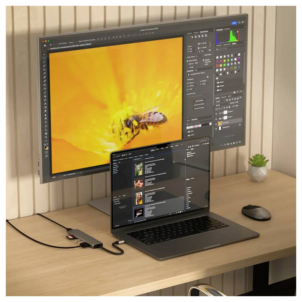Laptop a velký monitor na psacím stole; monitor zobrazuje detailní záběr včely na květině.