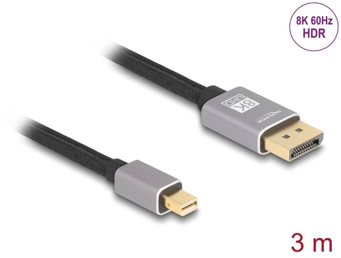 Kabel DisplayPort na Mini DisplayPort, 8K 60Hz HDR, 3 metry, stříbrné konektory, černý kabelový plášť. Vhodné pro vysoce rozlišené displeje.
