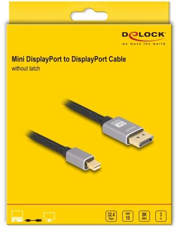 Kabel Delock Mini DisplayPort na DisplayPort bez zámku, 3 metry, podporuje 32,4 Gbps, HDR10, rozlišení 8K.