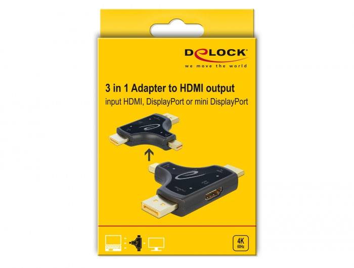 Adaptér 3 v 1 na HDMI výstup od Delocku. Propojuje HDMI, DisplayPort nebo Mini DisplayPort s HDMI. Obal zobrazuje adaptér.