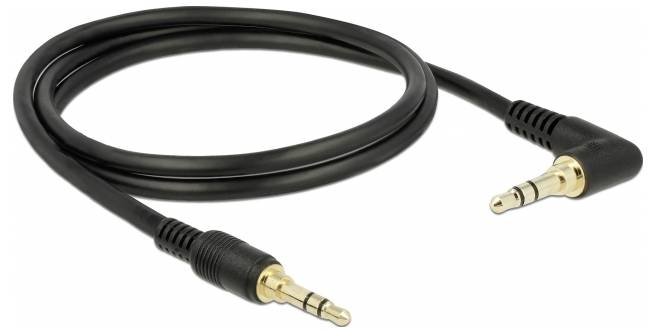 Černý audio kabel se dvěma 3,5mm jack konektory, jeden přímý a druhý zahnutý. Vhodný pro audio připojení.