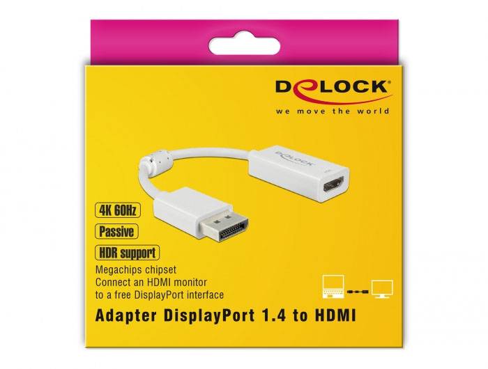 Adaptér z DisplayPort 1.4 na HDMI, podporuje 4K při 60 Hz a HDR. Balení zobrazuje kabel a zdůrazňuje čipovou sadu Megachips.