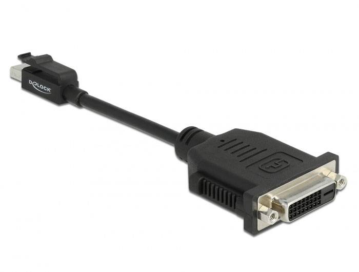 Černý adaptérový kabel z DisplayPort na DVI. Propojení mezi konektory DisplayPort a DVI, používaný pro monitory nebo projektory.