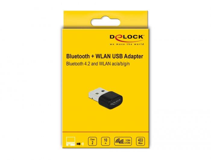 Žlutý obal USB adaptéru Bluetooth + WLAN od firmy Delock, zobrazující obrázek adaptéru. Podporuje Bluetooth 4.2 a WLAN a/b/g/n/ac.