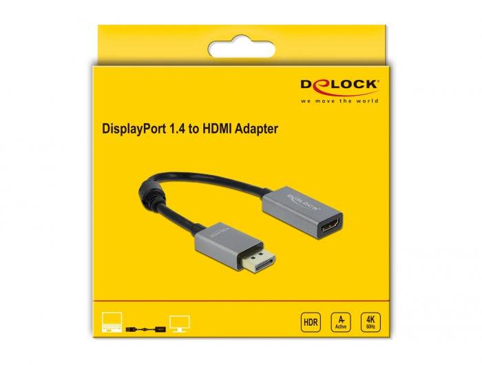Balení DisplayPort 1.4 na HDMI adaptéru od společnosti Delock. Adaptační kabel s konektorem DisplayPort na zásuvku HDMI, vhodný pro rozlišení 4K při 60 Hz.