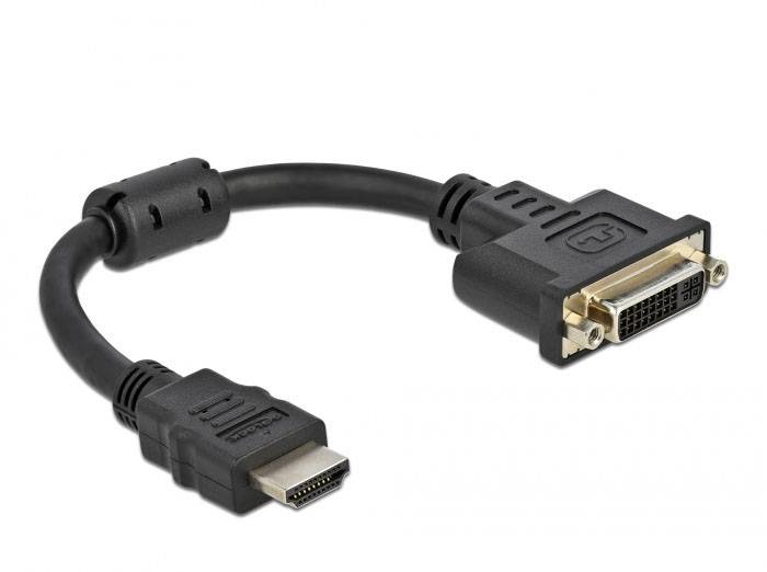 Černý adaptační HDMI-DVI kabel, který má konektory HDMI a DVI pro připojení video a audio zařízení.