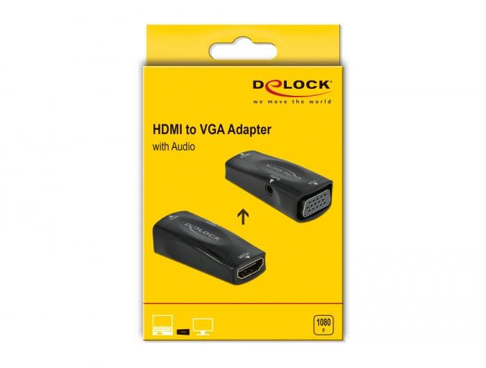 HDMI-VGA adaptér s audio v balení. Dva typy kabelů: HDMI a VGA konektor. Displej s tekutými krystaly, podpora rozlišení 1080p.