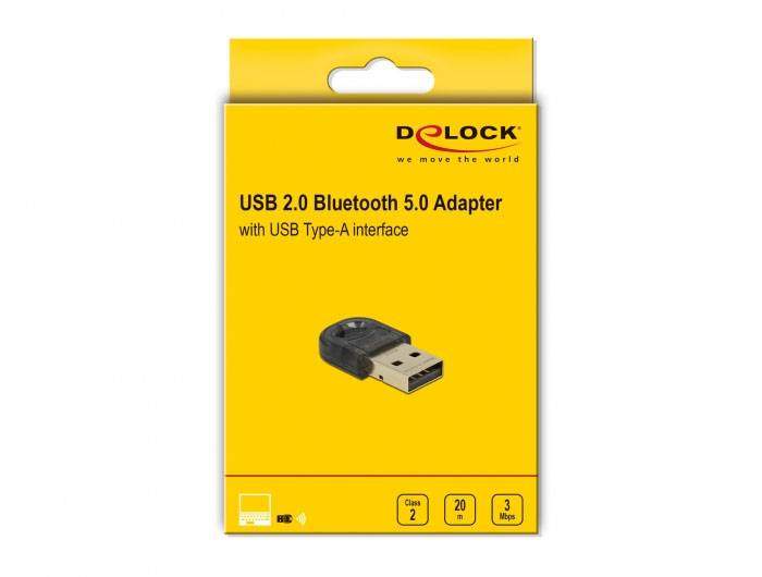Obal adaptéru USB 2.0 Bluetooth 5.0 od společnosti Delock s rozhraním USB Typ-A. Produktová fotografie zobrazuje samotný adaptér.