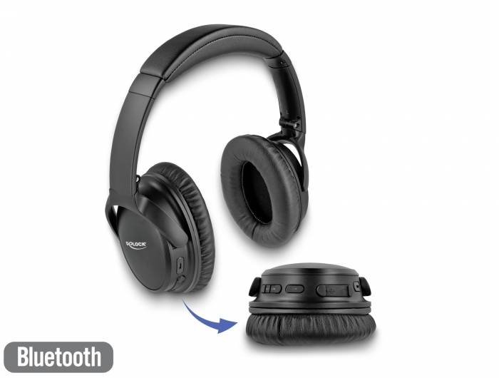 Černá bezdrátová bluetooth sluchátka, zobrazená v rozloženém a složeném stavu, se šipkou znázorňující způsob skládání.