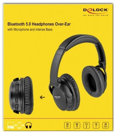 Bluetooth 5.0 bezdrátová sluchátka Over-Ear s mikrofonem a intenzivním basem jsou zobrazena na obalu s obrázkem produktu.