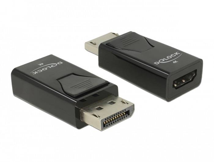 Černý DisplayPort na HDMI adaptér od společnosti Delock, vhodný pro rozlišení 4K. Zobrazuje přední a zadní stranu adaptéru.