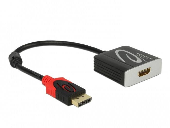 DisplayPort-to-HDMI adaptér v černé a stříbrné barvě s červeným konektorem. Slouží k propojení zařízení s DisplayPort portem s HDMI displeji.