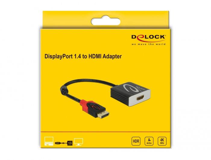 Obal adaptéru DisplayPort 1.4 na HDMI, značka Delock. Zobrazuje adaptér s kabelem. Podporuje HDR, 4K a audio. Žlutý obal.