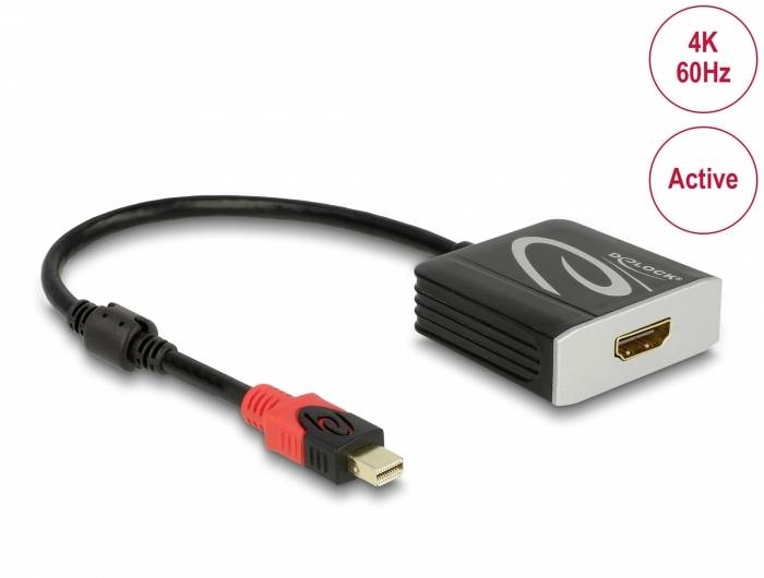 Adaptér DisplayPort na HDMI s minimálním logem, podporuje rozlišení 4K při 60 Hz a je aktivní. Kabel je černý s červeným konektorem.
