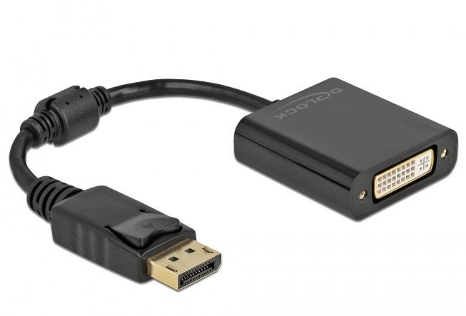 Černý adaptér s konektorem DisplayPort na jedné straně a DVI zdířkou na straně druhé, vhodný pro video připojení.