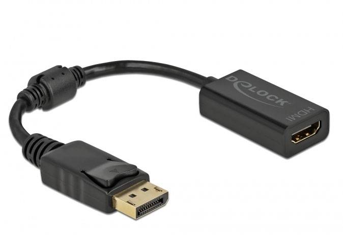 Adaptérový kabel DisplayPort na HDMI, černý. Adaptér propojuje DisplayPort výstup s HDMI vstupem pro video a audio signály.