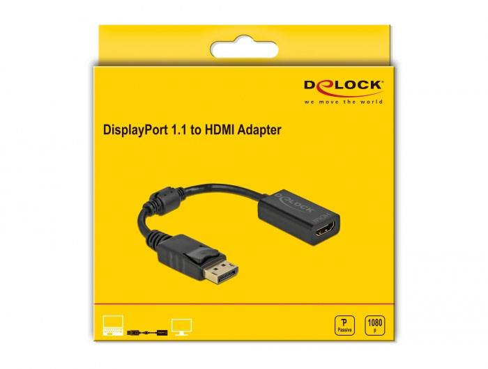 'Obal adaptéru DisplayPort 1.1 na HDMI. Zobrazuje obrázek černého adaptéru vhodného pro rozlišení 1080p.'