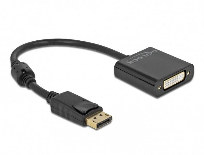 Černý adaptér DisplayPort na DVI, označený značkou 'Delock', propojuje zařízení s různými videoporty.