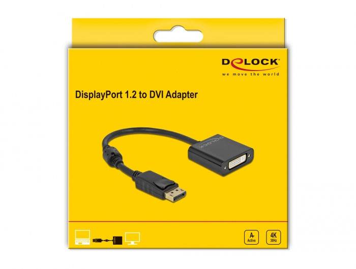 Adaptér DisplayPort 1.2 na DVI; balení zobrazuje adaptér s konektory DisplayPort a DVI, vhodný pro 4K, 3D, s podporou audia.