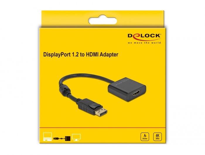 Adaptér DisplayPort 1.2 na HDMI balení s obrázkem adaptéru vpředu. Logo značky v pravém horním rohu. Podporuje 4K, 60 Hz.