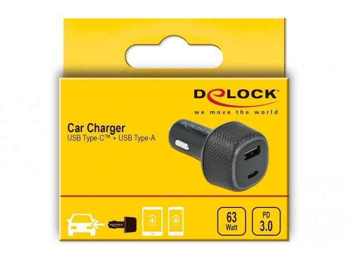 Balení nabíječky Delock do auta. USB Typ-C a USB Typ-A porty, 63 wattů, Power Delivery 3.0. Zobrazeno: nabíjecí adaptér, ikony automobilu a smartphonu.