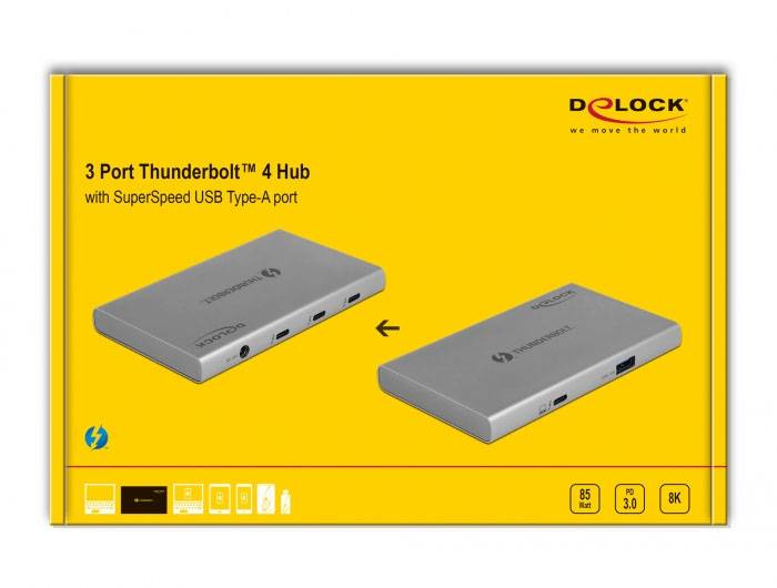 Delock 64157 USB Hub 3 + 1 port Thunderbolt 4, USB-A, DC zásuvka 3,5 mm Thunderbolt™ 4 40 GBit/s s konektorem USB C šedá-4