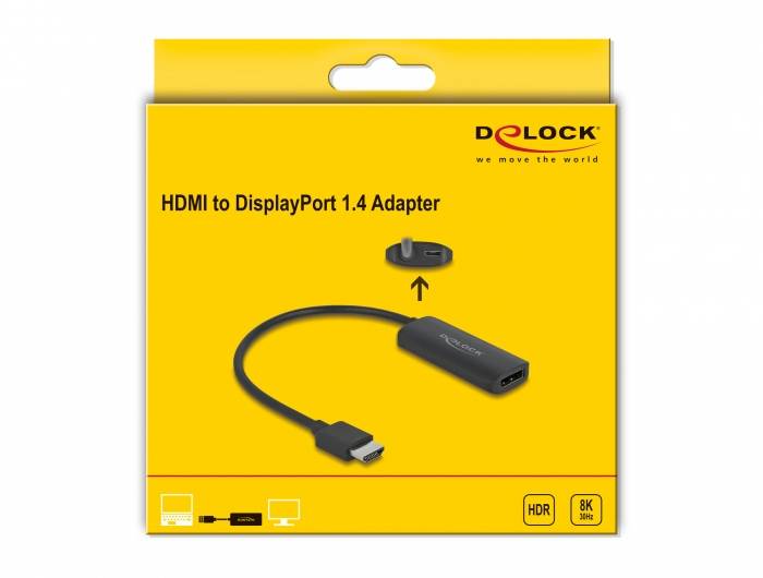 Žlutý obal adaptéru DeLOCK HDMI na DisplayPort 1.4, vhodný pro HDR a 8K. Obsahuje obrázek adaptéru s názvem produktu.