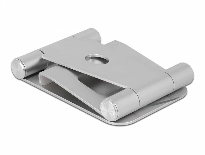 Skládací kovový stojan na notebook stříbrné barvy s otvorem uprostřed pro správu kabelů. Ideální pro ergonomickou práci.