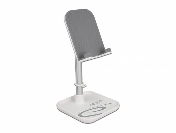 Bílý nastavitelný stojan na mobilní telefon nebo tablet se stabilní základnou a protiskluzovým držákem, vhodný pro různá zařízení.