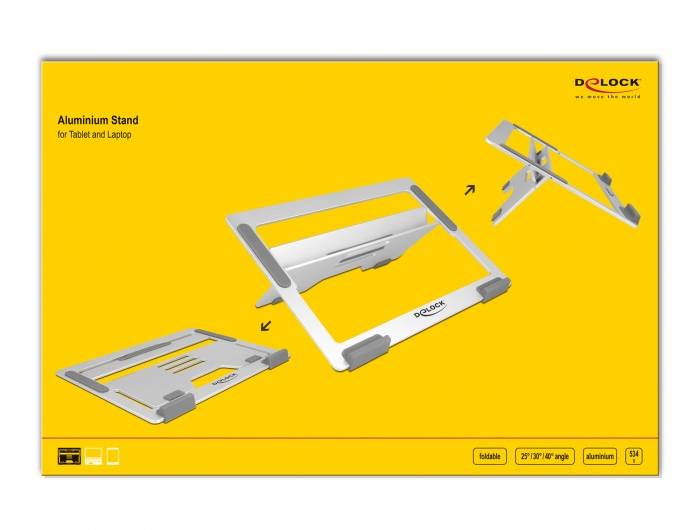 Žlutý hliníkový stojan pro tablet a laptop od Delocku, skládací a nastavitelný, pro ergonomické použití.