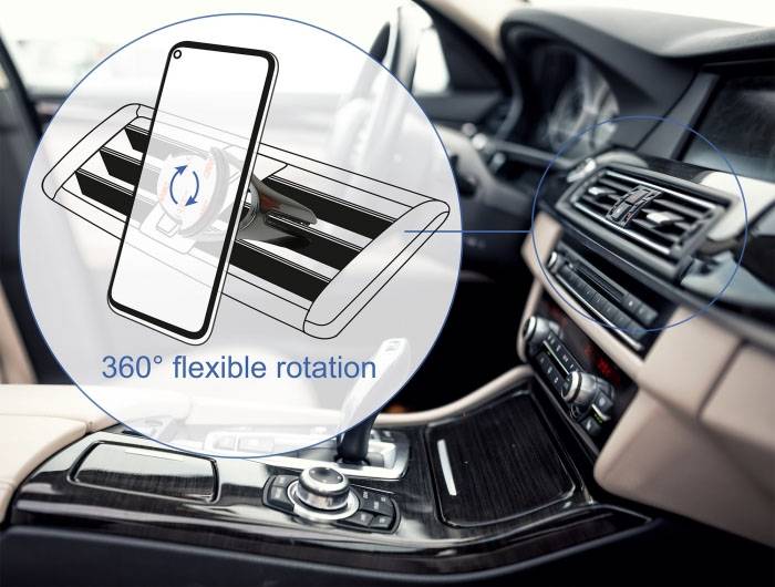 Držák na smartphone v autě nabízí otočnou funkci o 360 stupňů, připevněný k ventilačním otvorům palubní desky.