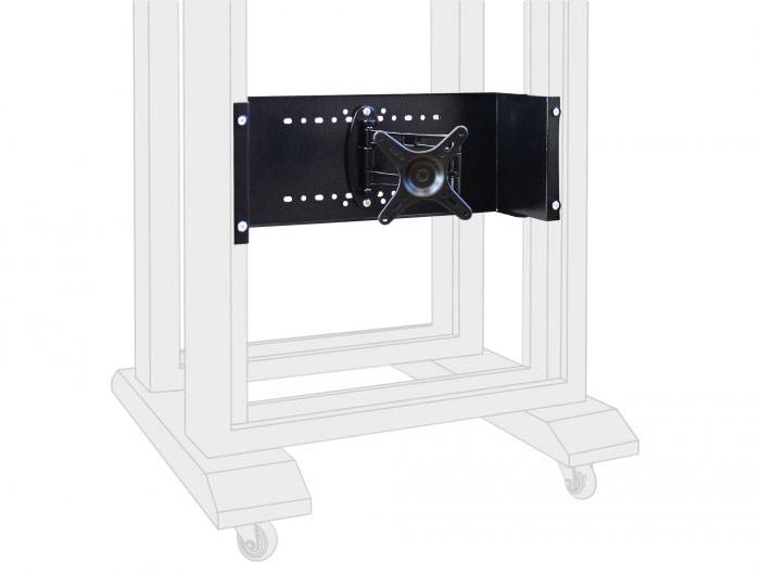 Kovový rám s držákem pro elektronická zařízení, namontovaný na kolečkách.