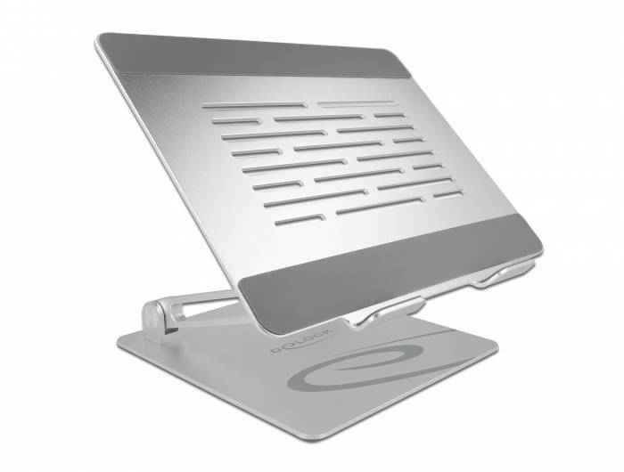 Nastavitelný kovový stojan na notebook s ventilačními otvory a gumovými podložkami pro stabilizaci, zobrazený z bočního pohledu.
