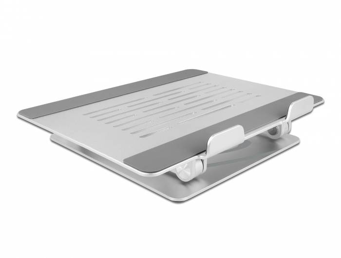 Stříbrný, nastavitelný stojan na notebook s větracími otvory z kovu. Ideální pro ergonomickou práci.