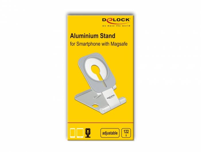 Hliníkový držák na mobilní telefon s MagSafe zobrazený na žlutém pozadí. Zobrazuje název produktu, značku 'Delock' a hmotnost 122 g.