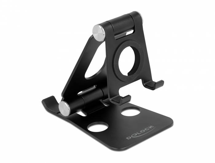 Černný, nastavitelný stojan od Delocku pro smartphony nebo malé tablety. Skládaný design se dvěma otvory v základně.