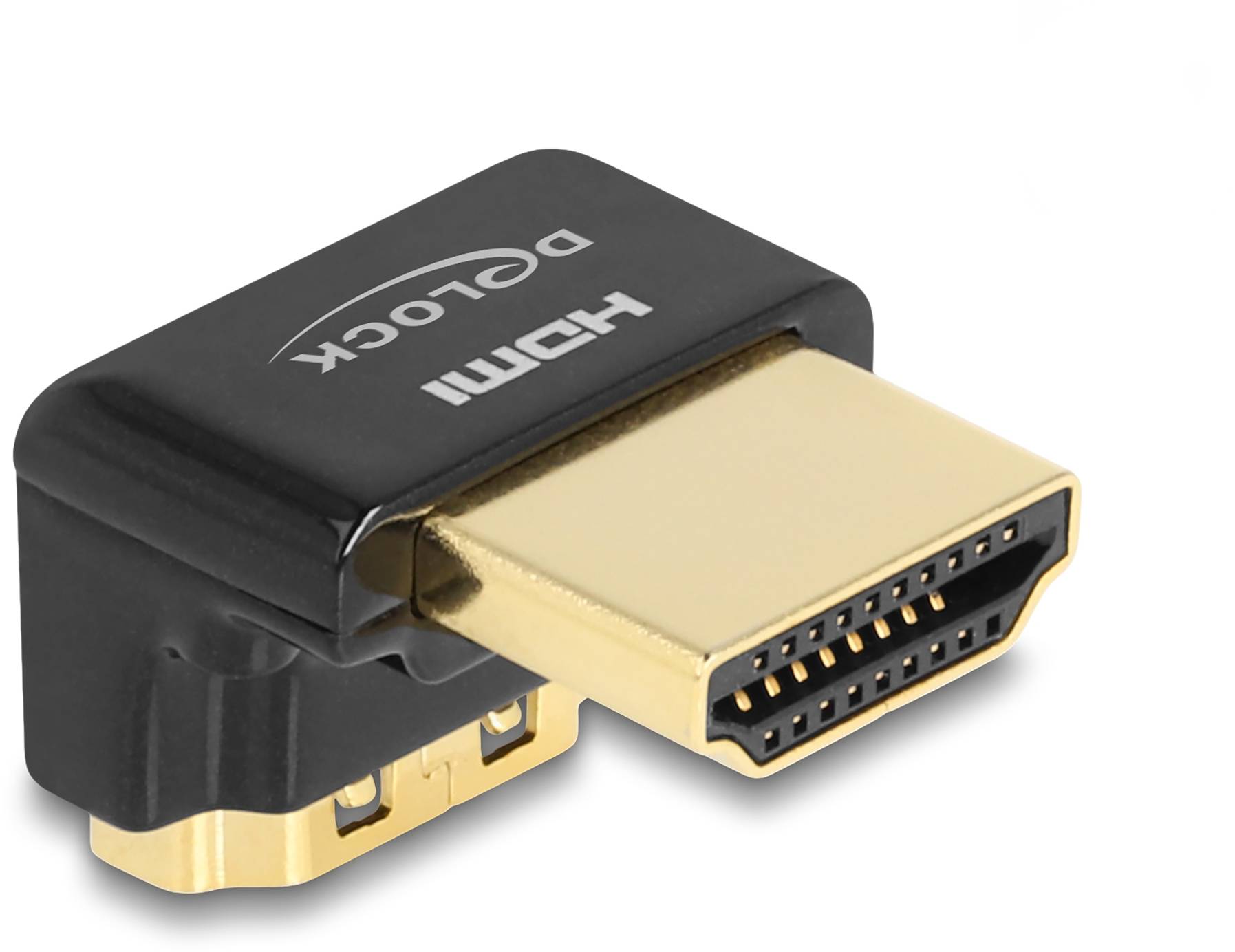 Černý HDMI konektor se zlatými kontakty je orientován doprava. Navržen pro flexibilní připojení v těsných prostorech.